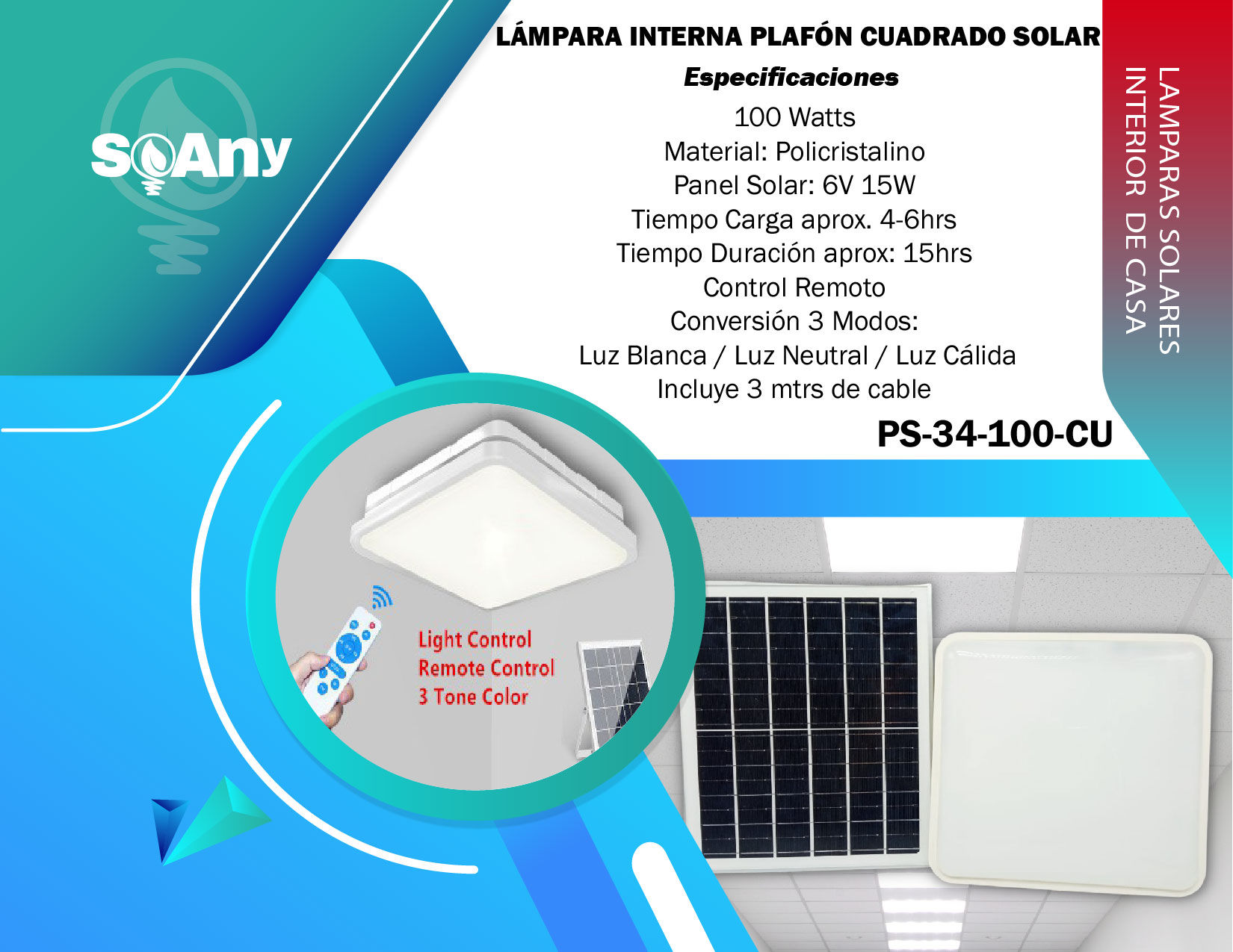 Lámpara Interna Plafón Cuadrado Solar PS-34-100-CU – Soany